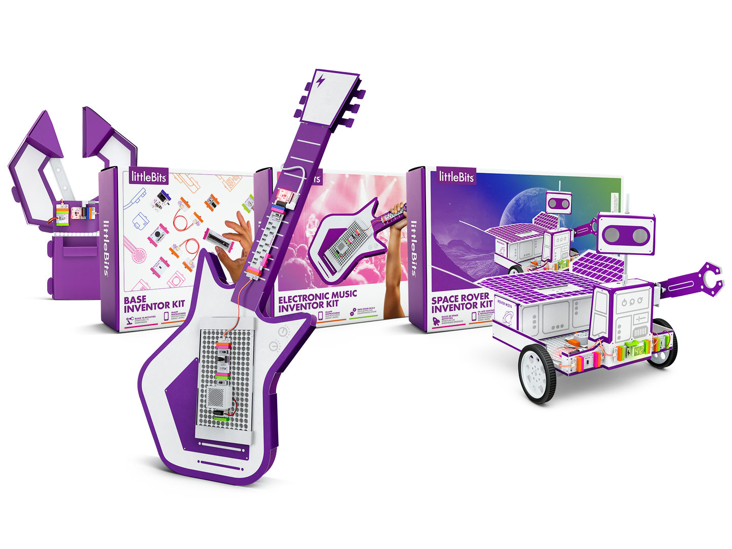 A collection of bright colourful boxes with different magnetic electronic components designs. Includes a cardboard guitar, robot and claw pincher for kids