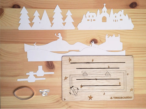 Overview of Tinkercademy's Evergreeting Diorama Kit; Paper craft with Chibitronic LEDs and copper tape.