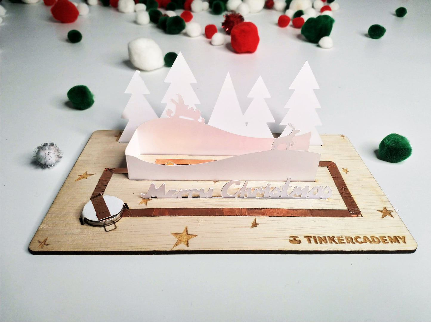 Tinkercademy's Evergreeting Diorama Kit Christmas Greeting Card; Paper craft with Chibitronic LEDs and copper tape.