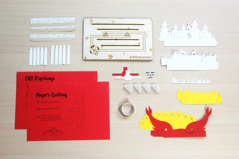 Overview of Tinkercademy's Evergreeting Diorama Kit Chinese New Year Greeting Card; Paper craft with Chibitronic LEDs and copper tape.